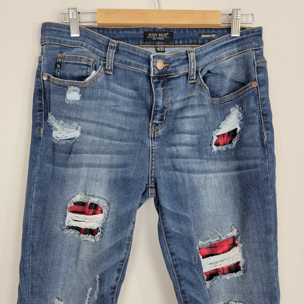 Judy‎ Blue Jeans Skinny Fit Womens 15/32 Blue Cotton Mid Rise Distressed Plaid - Picture 3 of 13